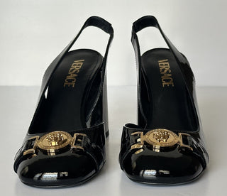 Versace Medusa Head Sling Back Patent Leather Black Shoes 10 US 1014618 NIB