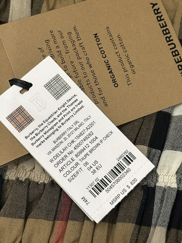 Burberry Delilah Women’s Toupe Brown Check Dress 4 US (38 Euro) 8099412 NWT $820