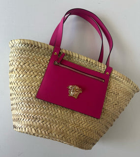 Versace Top Handle Small Tote Straw/Leather Natural/Fuchsia Bag 1019454 NWT