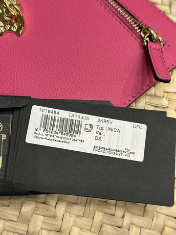 Versace Top Handle Small Tote Straw/Leather Natural/Fuchsia Bag 1019454 NWT