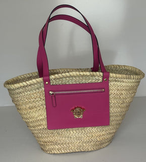 Versace Top Handle Small Tote Straw/Leather Natural/Fuchsia Bag 1019454 NWT