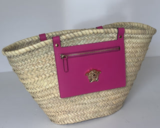 Versace Top Handle Small Tote Straw/Leather Natural/Fuchsia Bag 1019454 NWT