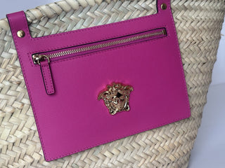 Versace Top Handle Small Tote Straw/Leather Natural/Fuchsia Bag 1019454 NWT