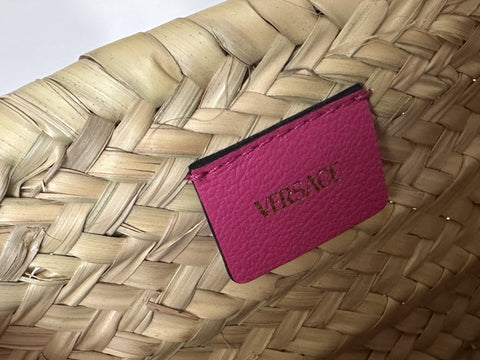 Versace Top Handle Small Tote Straw/Leather Natural/Fuchsia Bag 1019454 NWT