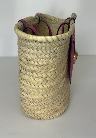 Versace Top Handle Small Tote Straw/Leather Natural/Fuchsia Bag 1019454 NWT