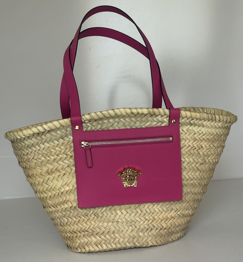 Versace Top Handle Small Tote Straw/Leather Natural/Fuchsia Bag 1019454 NWOT