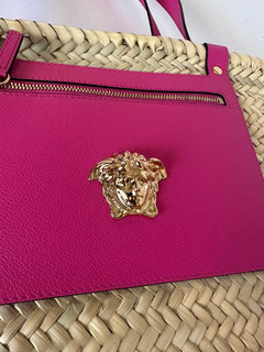Versace Top Handle Small Tote Straw/Leather Natural/Fuchsia Bag 1019454 NWOT