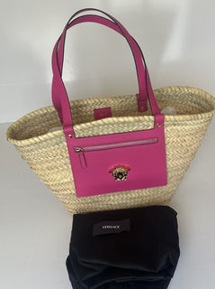 Versace Top Handle Small Tote Straw/Leather Natural/Fuchsia Bag 1019454 NWOT