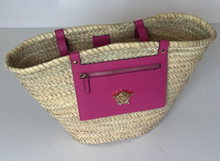 Versace Top Handle Small Tote Straw/Leather Natural/Fuchsia Bag 1019454 NWOT