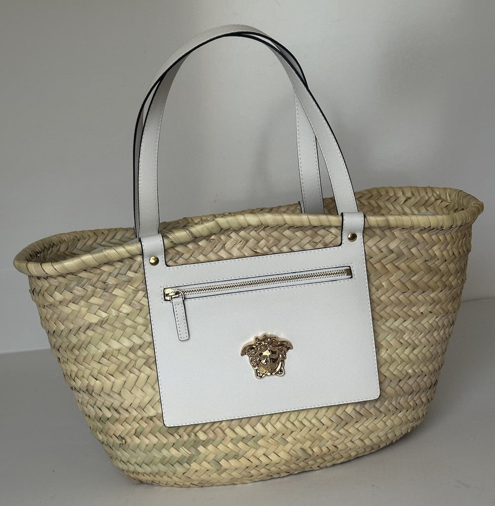 Versace Top Handle Small Tote Straw/Leather Natural/White Bag 1019454 NWT