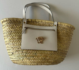 Versace Top Handle Small Tote Straw/Leather Natural/White Bag 1019454 NWT