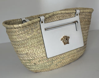Versace Top Handle Small Tote Straw/Leather Natural/White Bag 1019454 NWT