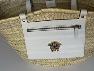 Versace Top Handle Small Tote Straw/Leather Natural/White Bag 1019454 NWT