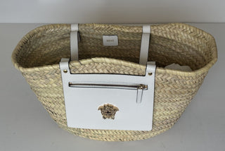 Versace Top Handle Small Tote Straw/Leather Natural/White Bag 1019454 NWT