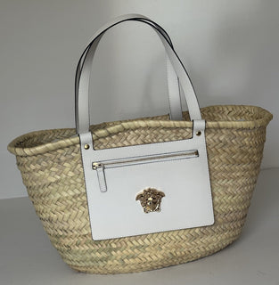 Versace Top Handle Small Tote Straw/Leather Natural/White Bag 1019454 NWOT