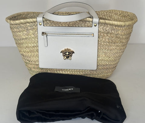 Versace Top Handle Small Tote Straw/Leather Natural/White Bag 1019454 NWOT