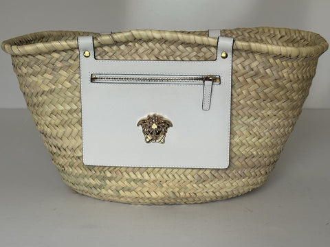 Versace Top Handle Small Tote Straw/Leather Natural/White Bag 1019454 NWOT