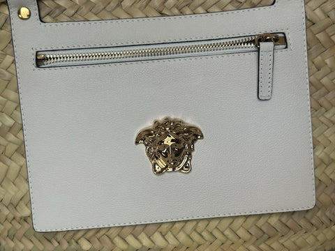Versace Top Handle Small Tote Straw/Leather Natural/White Bag 1019454 NWOT