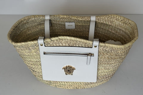 Versace Top Handle Small Tote Straw/Leather Natural/White Bag 1019454 NWOT