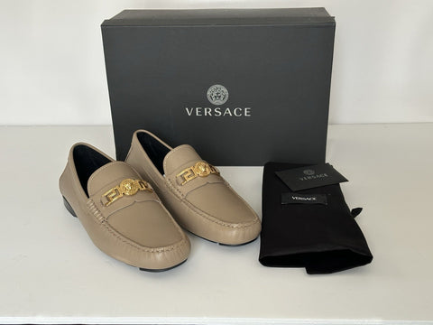 VERSACE Medusa Men's Taupe Leather Driver Shoes 11.5 US (44.5) 1009707 NIB $850