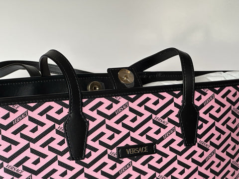 Versace Greca Coated Canvas Leather Pink/Black Tote Bag 1020802 IT NWT $1125