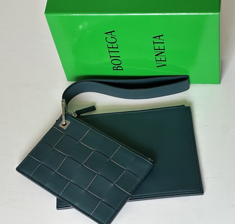 Bottega Venera Petrol Blue Leather Double Pouch with Clutch IT 574049 NWT $990