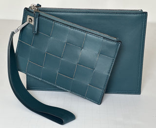 Bottega Venera Petrol Blue Leather Double Pouch with Clutch IT 574049 NWT $990