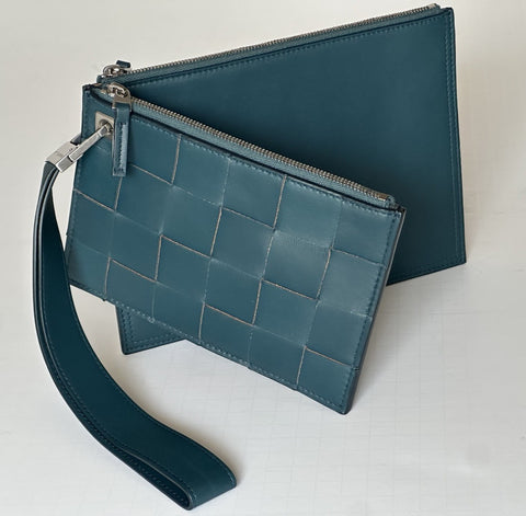 Bottega Venera Petrol Blue Leather Double Pouch with Clutch IT 574049 NWT $990