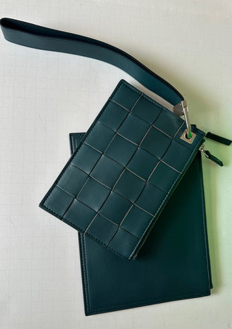 Bottega Venera Petrol Blue Leather Double Pouch with Clutch IT 574049 NWT $990