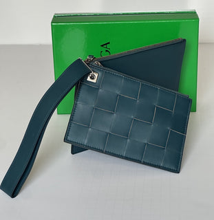 Bottega Venera Petrol Blue Leather Double Pouch with Clutch IT 574049 NWT $990