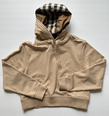 Burberry Talley Logo Checked Sweatshirt with Hoodie Soft Fawn S 8084392 NWT $760