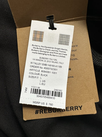 Burberry Talley Logo Checked Sweatshirt with Hoodie Black L 8084391 NWT $760