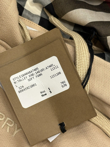 Burberry Talley Logo Checked Sweatshirt with Hoodie Soft Fawn L 8084392 NWT $760
