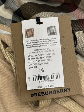 Burberry Talley Logo Checked Sweatshirt with Hoodie Soft Fawn L 8084392 NWT $760