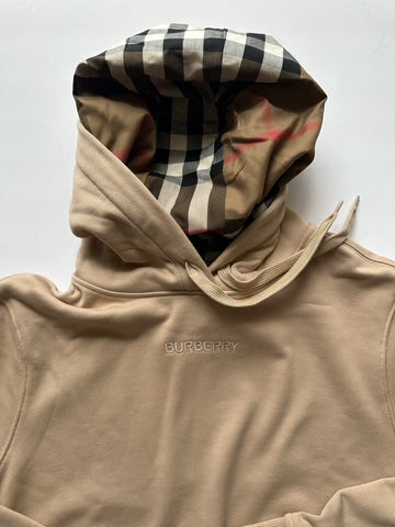 Burberry Talley Logo Checked Sweatshirt with Hoodie Soft Fawn L 8084392 NWT $760