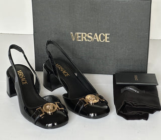 Versace Medusa Head Sling Back Patent Leather Black Shoes 6.5 US 1014619 NIB