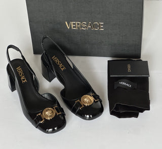 Versace Medusa Head Sling Back Patent Leather Black Shoes 6.5 US 1014619 NIB