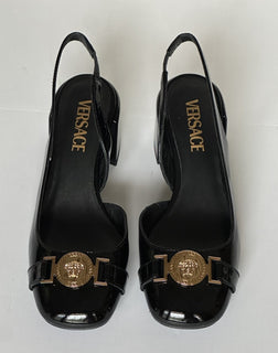 Versace Medusa Head Sling Back Patent Leather Black Shoes 6.5 US 1014619 NIB