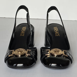 Versace Medusa Head Sling Back Patent Leather Black Shoes 6.5 US 1014619 NIB