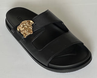Versace Medusa Black Leather Slides Sandals 10.5 US (43.5 Euro) 1020767 NIB