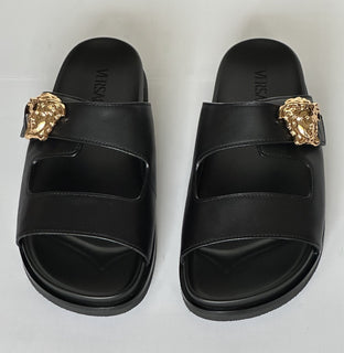 Versace Medusa Black Leather Slides Sandals 10.5 US (43.5 Euro) 1020767 NIB
