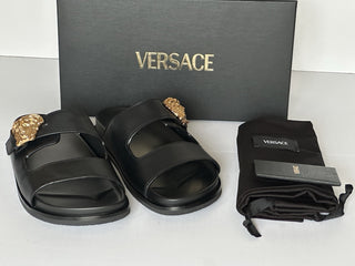 Versace Medusa Black Leather Slides Sandals 13 US (46 Euro) 1020767 NIB