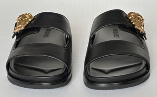 Versace Medusa Black Leather Slides Sandals 13 US (46 Euro) 1020767 NIB
