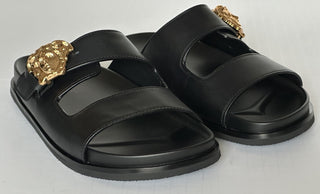 Versace Medusa Black Leather Slides Sandals 13 US (46 Euro) 1020767 NIB