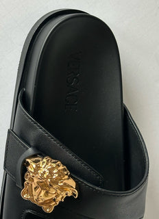 Versace Medusa Black Leather Slides Sandals 13 US (46 Euro) 1020767 NIB