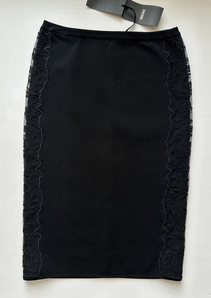 Versace Barocco Lace Knit Midi Skirt Black 42 Euro Italy 1013407 NWT