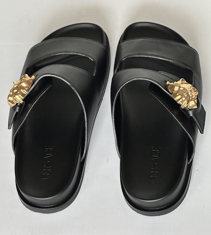 Versace Medusa Black Leather Slides Sandals 8.5 US (41.5 Euro) 1020767 NIB $700