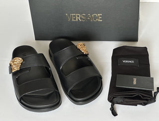 Versace Medusa Black Leather Slides Sandals 8 US (41 Euro) 1020767 NIB $700