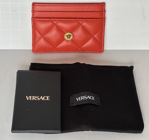 Versace Medusa Head Quilted Red Leather Card Case Wallet 1008825 NWT