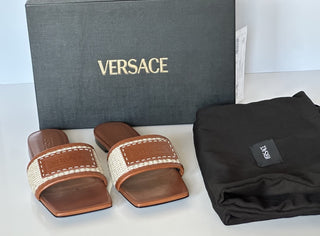 VERSACE Women's Theia Raffia Flats Sandals 10 US (40 Eu) 1016941 Italy NIB $725
